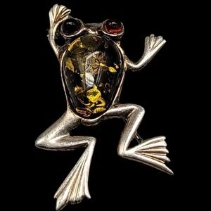 Vintage Silver Frog Brooch with Amber Accents